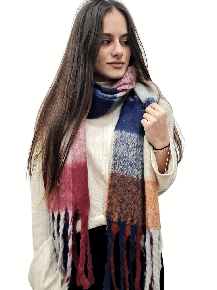 Červená dámská kostkovaná šála s třásněmi