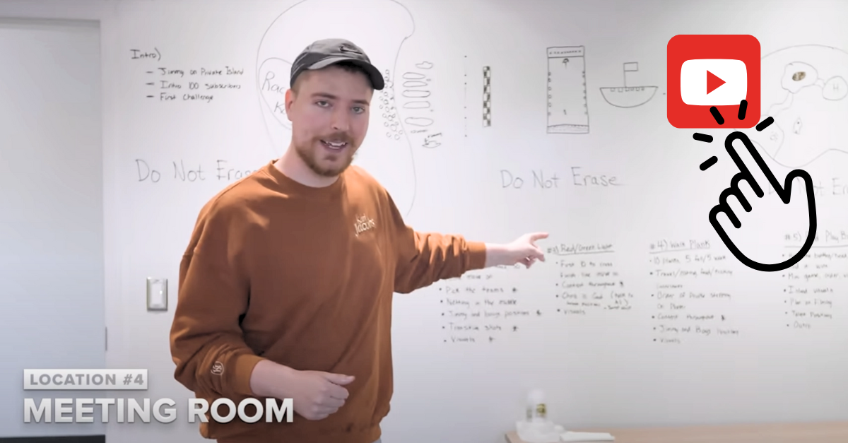 Mr. Beast taky nepoužívá tabule a raději píše přímo na zeď.