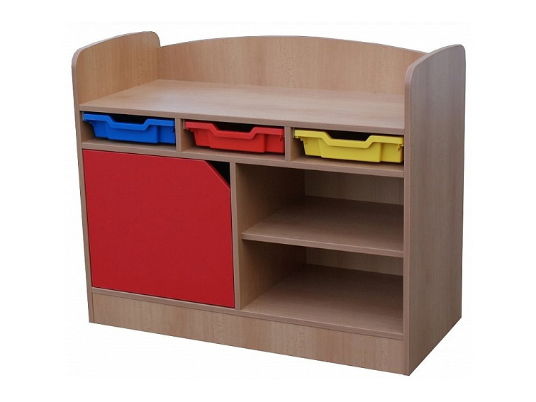 Skříňka kombinovaná pro mateřské školy 104x85x47 cm + 3 plastové zásuvky s výsuvy, police, dvířka