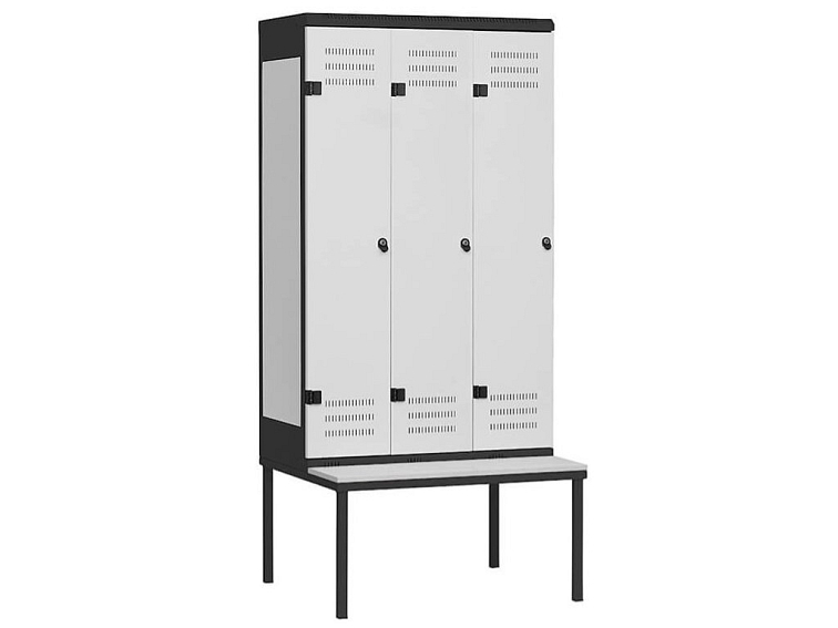 Kovová šatní skříňka 3-dvéřová s lavičkou