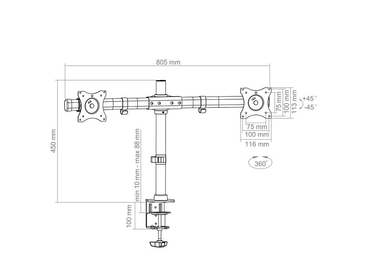 Nastavitelný stolní držák pro dva monitory PC (15"-27")