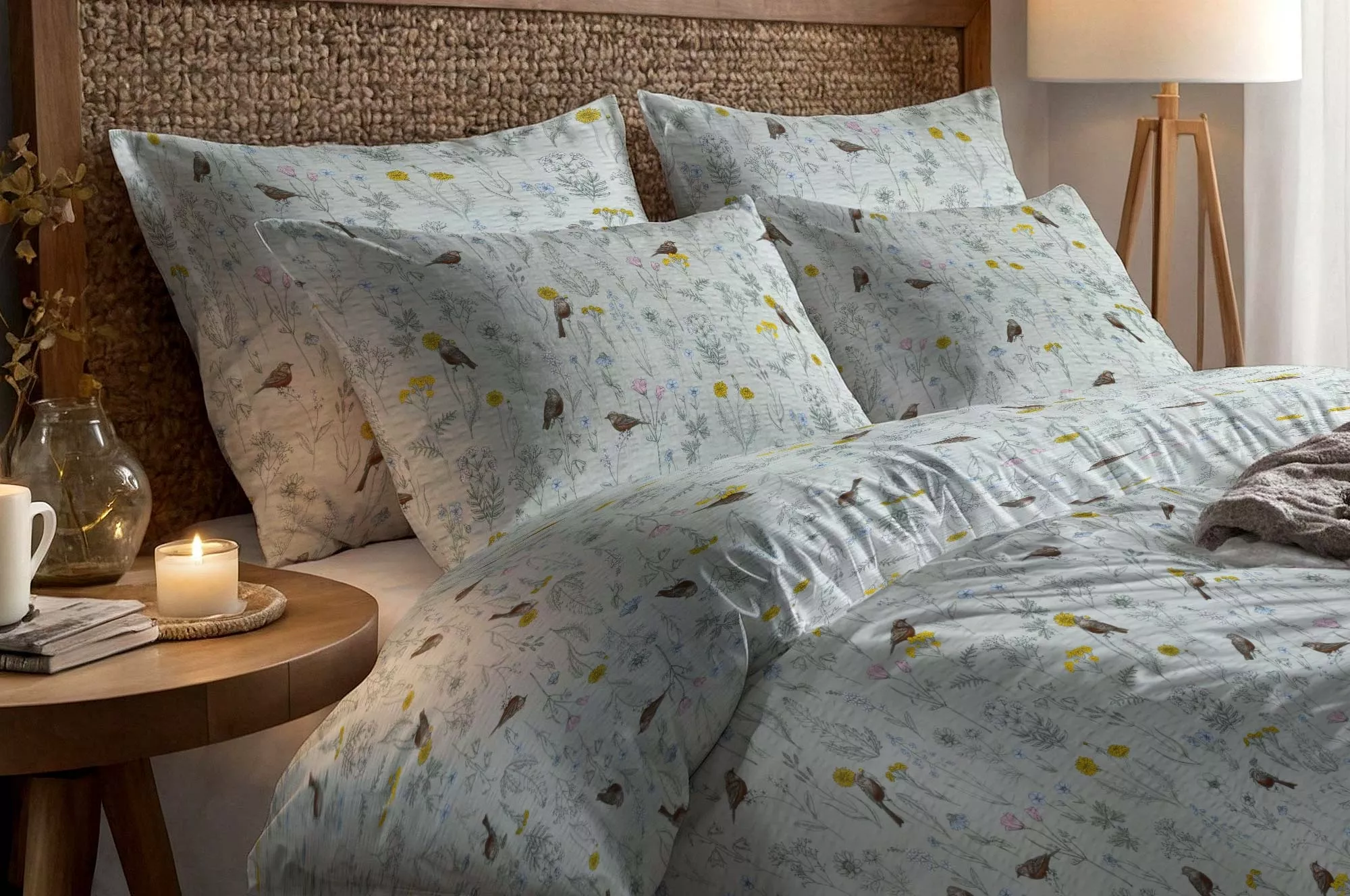 Krepové obliečky Ptáčikovia v kvetinách - mentol