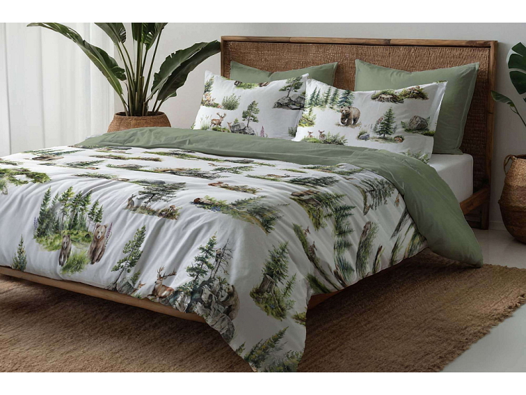 Bavlnené posteľné prádlo Zvieratká v divočine lesnej zelenej - duo