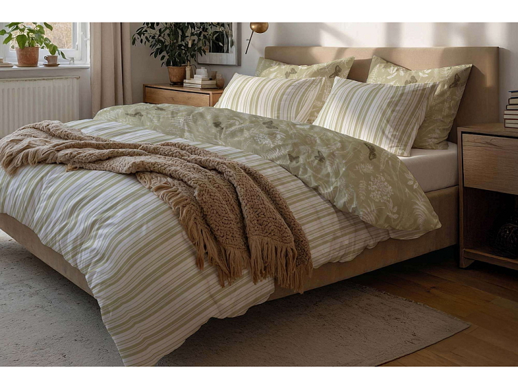 Bavlněné povlečení V kapradinách s pruhem - hnědobílé