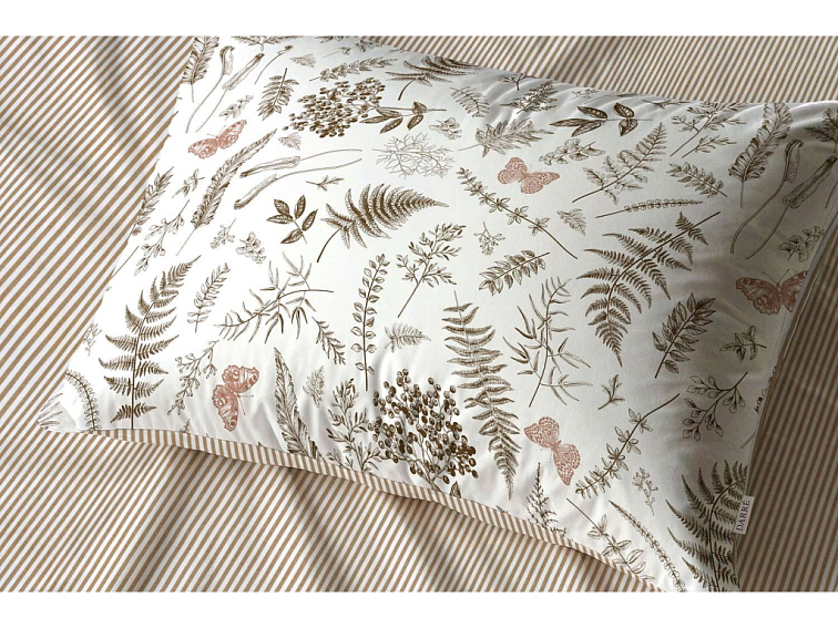 Bavlněné povlečení V kapradinách s pruhem - bílohnědá