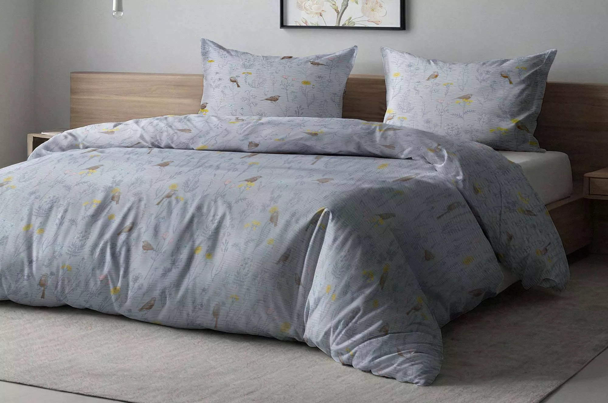 Krepové obliečky Vtáčiky v kvetinách - svetlomodré