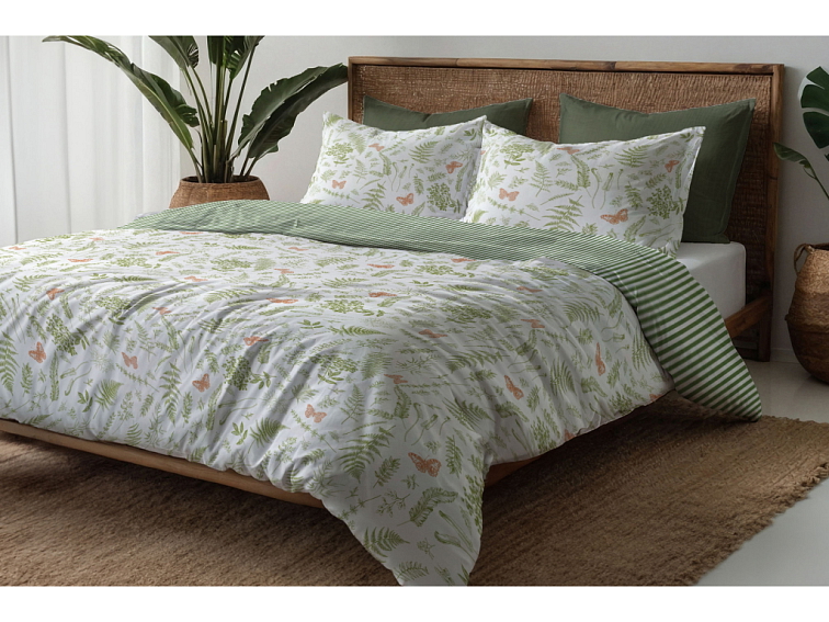 Bavlněné povlečení V kapradinách s pruhem - bílozelená