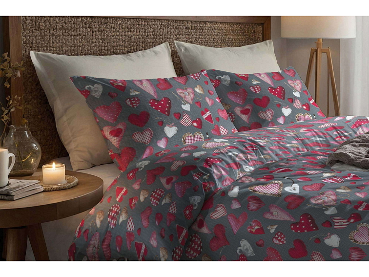 Krepové povlečení Polštářková srdíčka - tmavě šedé
