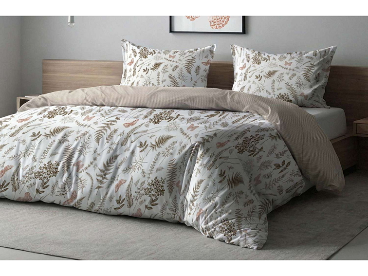 Bavlněné povlečení V kapradinách s pruhem - bílohnědá