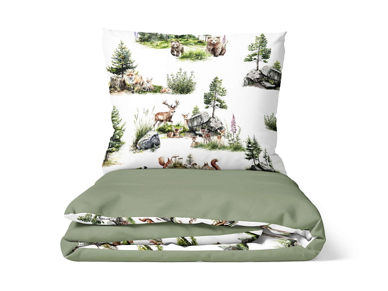 Bavlnené posteľné prádlo Zvieratká v divočine lesnej zelenej - duo