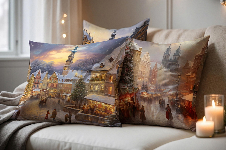 Dekorační povlak na polštářek Vánoční trhy - inspirováno Českým Krumlovem