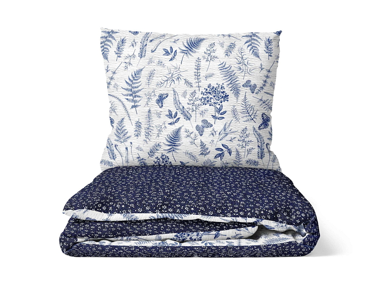 Krepová posteľná bielizeň V papradinách s kvietkami - bielo-modré