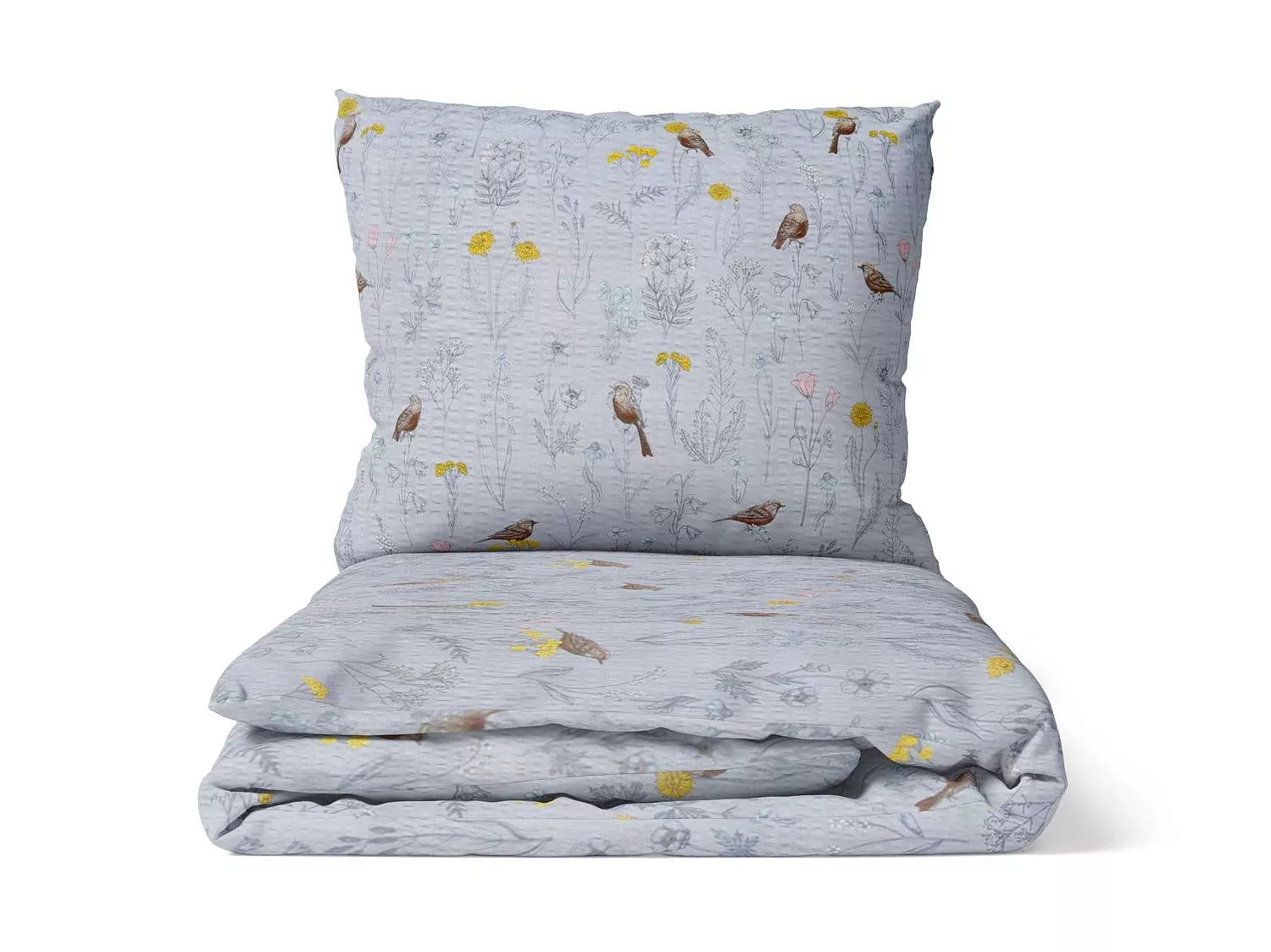 Krepové obliečky Vtáčiky v kvetinách - svetlomodré