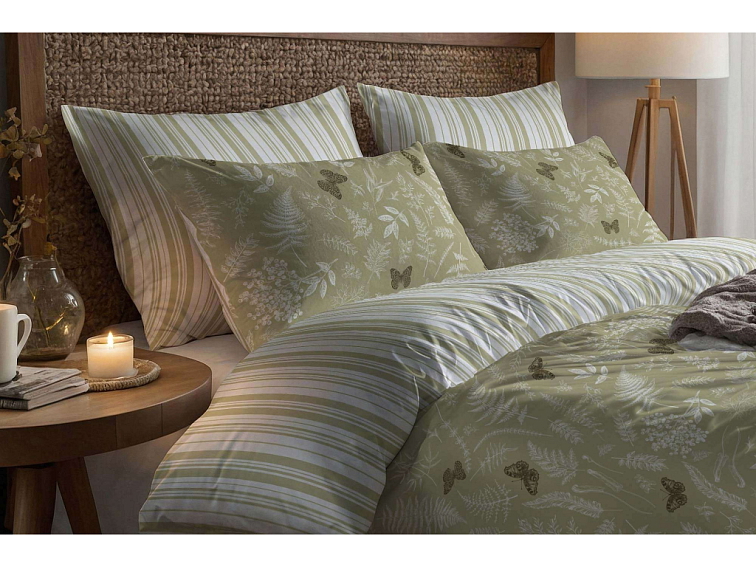 Bavlněné povlečení V kapradinách s pruhem - hnědobílé