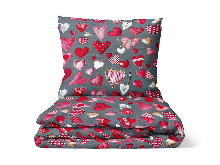 Krepové povlečení Polštářková srdíčka - tmavě šedé