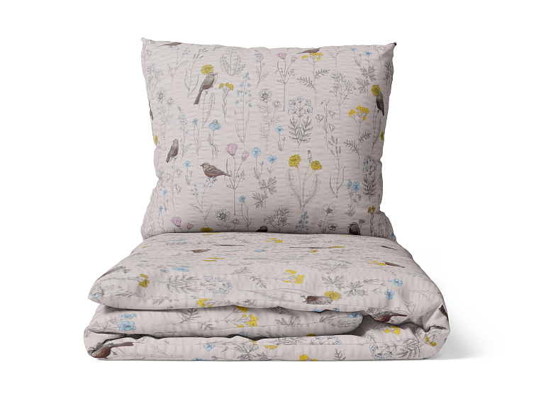 Krepové povlečenie Ptáčikovia v kvety - smotanové