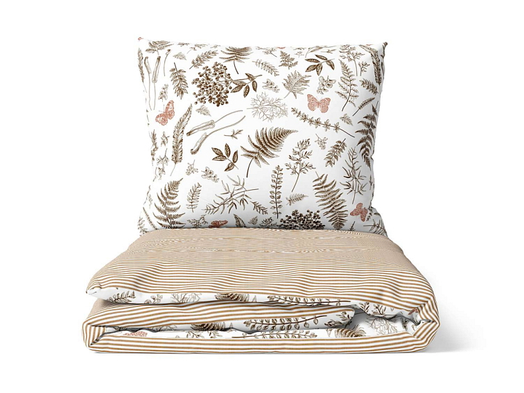 Bavlněné povlečení V kapradinách s pruhem - bílohnědá