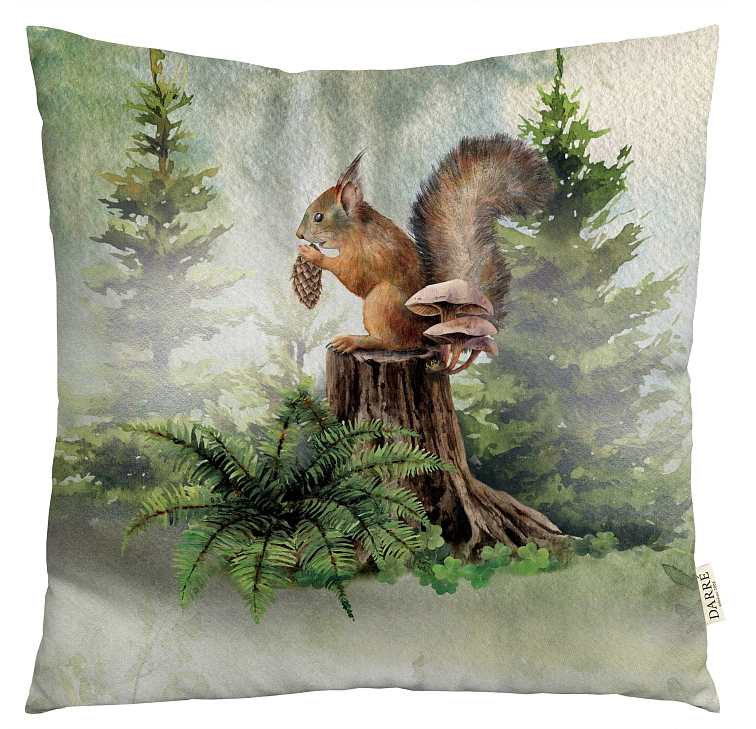 Dekorační povlak na polštářek Veverka na pařezu