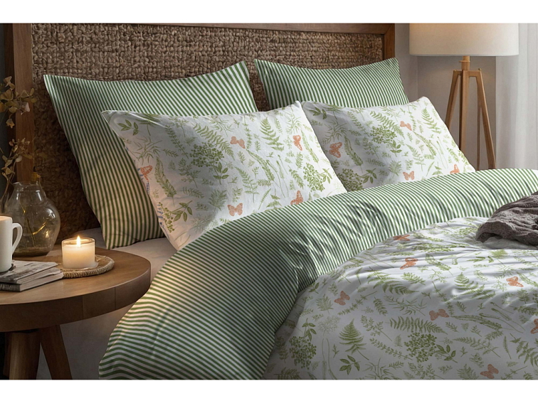 Bavlněné povlečení V kapradinách s pruhem - bílozelená