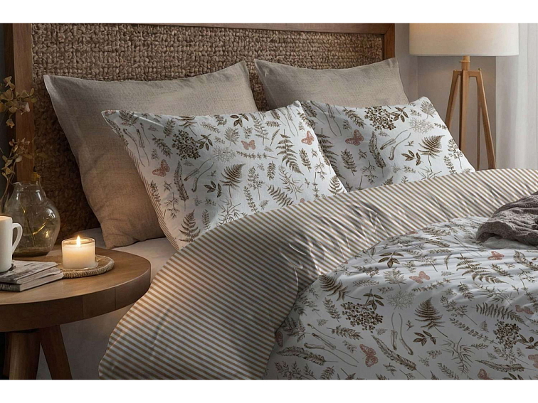 Bavlněné povlečení V kapradinách s pruhem - bílohnědá