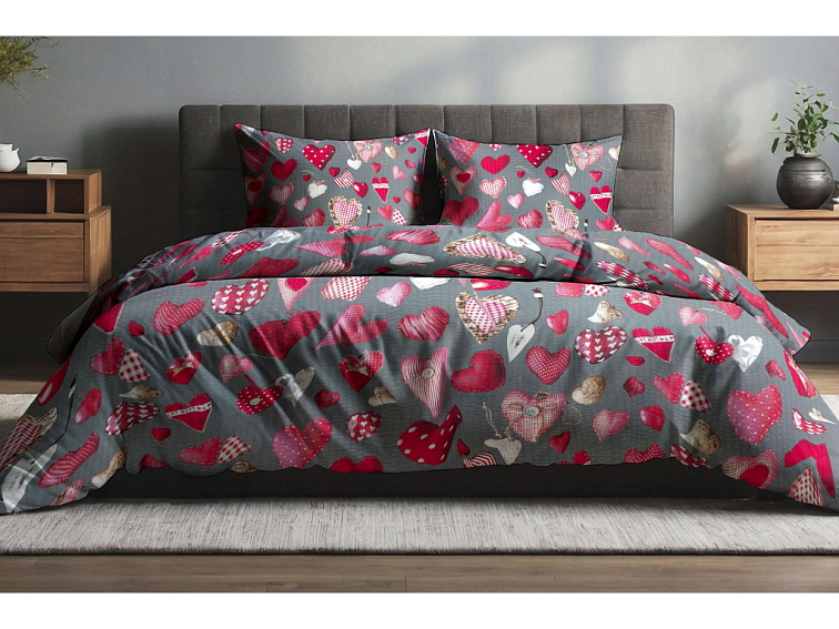 Krepové povlečení Polštářková srdíčka - tmavě šedé