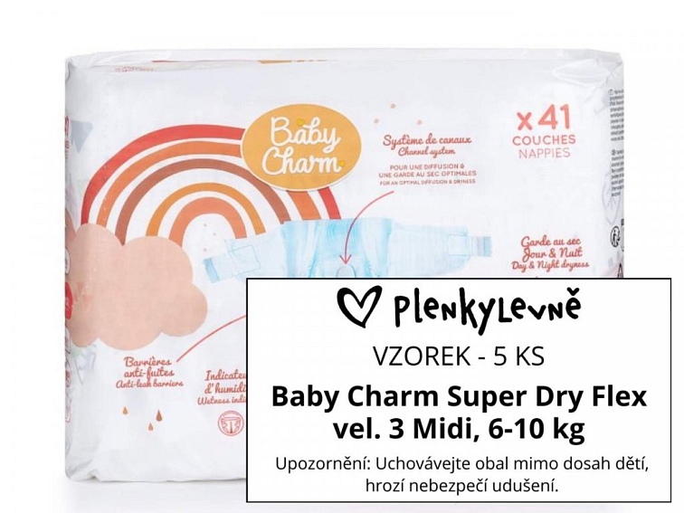 Vzorek plen - Baby Charm Super Dry Flex vel. 3 Midi, 6-10 kg, 5 ks
