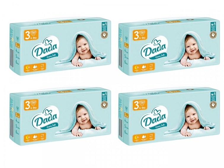 Měsíční balení plen - Dada Extra Soft 3 Midi, 4-9 kg, 216 ks