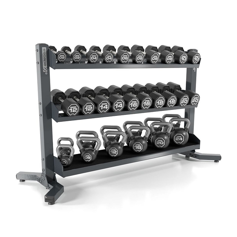 Stojan na kettlebelly a jednoruční činky Escape