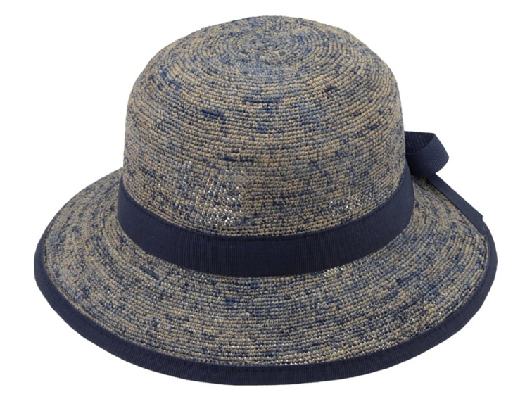 Dámský letní nemačkavý slaměný klobouk Cloche - Crochet Cloche Blue Melanž