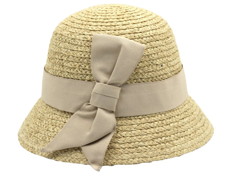 Dámský slaměný klobouk Cloche s béžovou mašlí