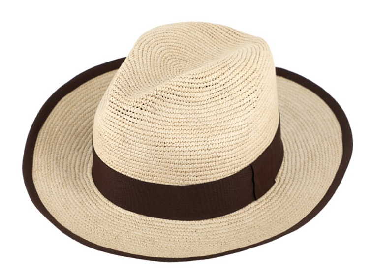Letní slaměný klobouk Fedora s hnědou stuhou - ručně pletený - Ekvádorská panama - Traveller "Crochet"