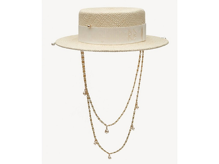 Letní slaměný boater klobouk Ruslan Baginskiy - panamský klobouk - Double Chain Strap Straw Boater Hat