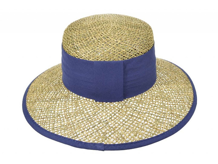 Dámský béžový letní slaměný (mořská tráva) klobouk s modrou stuhou - Seeberger since 1890