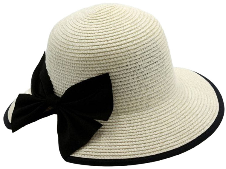 Dámský bílý letní klobouk Cloche - zkrácená krempa vzadu a černá mašle