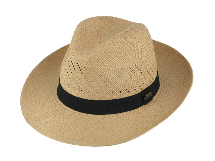 Letní slaměný klobouk Fedora - ručně pletený - koňak s černou stuhou - Ekvádorská panama