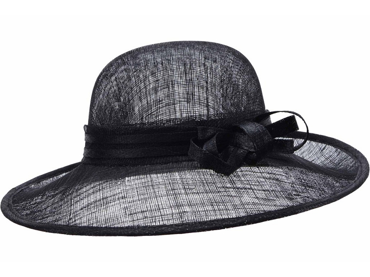 Cloche černý slavnostní klobouk s ozdobou - ze sisálové slámy