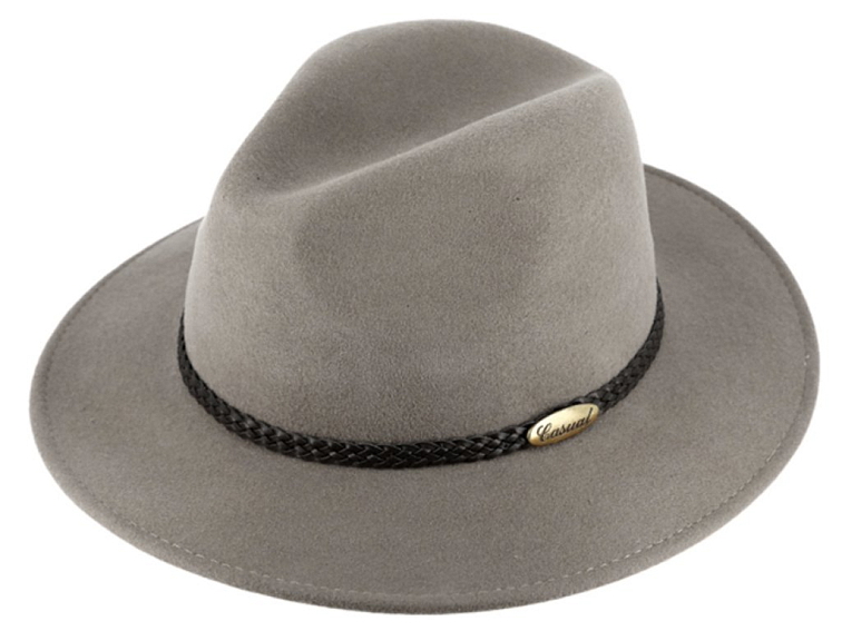 Šedý klobouk fedora plstěný s koženým pleteným páskem - Fiebig