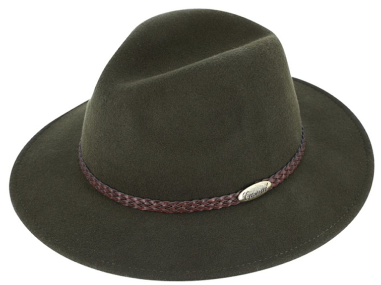 Zelený klobouk fedora plstěný s koženým pleteným páskem - Fiebig