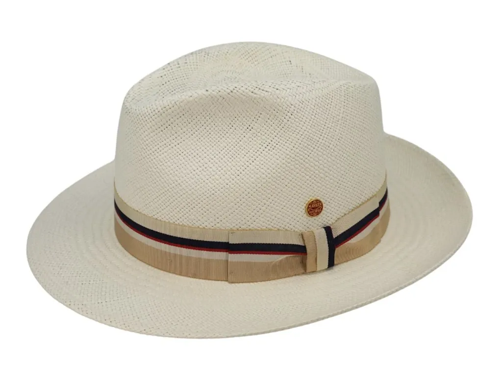 Luxusní bělený klobouk Fedora s barevnou stuhou - ručně pletený, UV faktor 80 - Ekvádorská panama - Mayser Albenga