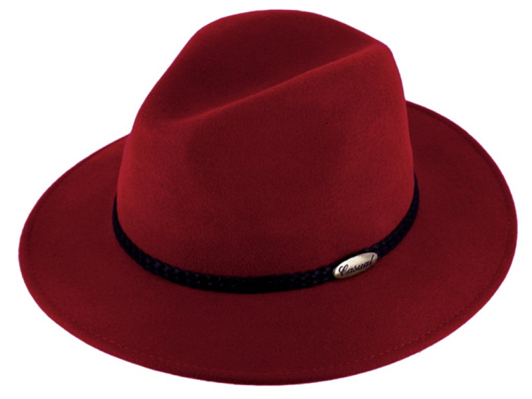 Vínový klobouk fedora plstěný - bordó s koženým pleteným páskem - Fiebig