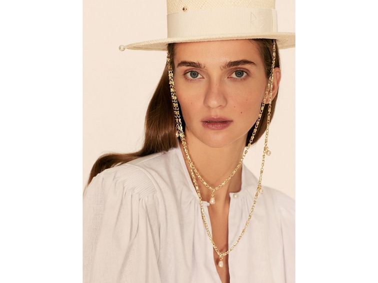 Letní slaměný boater klobouk Ruslan Baginskiy - panamský klobouk - Double Chain Strap Straw Boater Hat