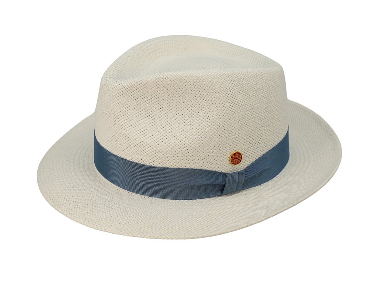 Panamský klobouk Trilby bělený s menší krempou a modrou stuhou - ručně pletený, UV faktor 60 - Ekvádorská panama - Mayser Maleo