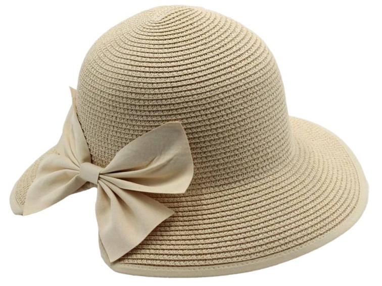 Dámský béžový letní klobouk Cloche - zkrácená krempa vzadu a béžová mašle