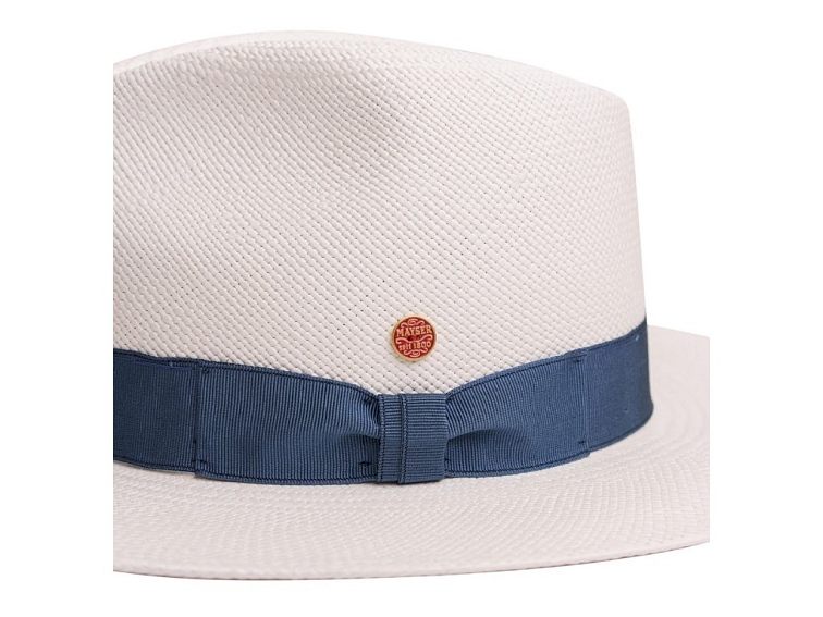 Luxusní panamský klobouk Fedora bělený s modrou stuhou - Mayser Menton - UV faktor 80
