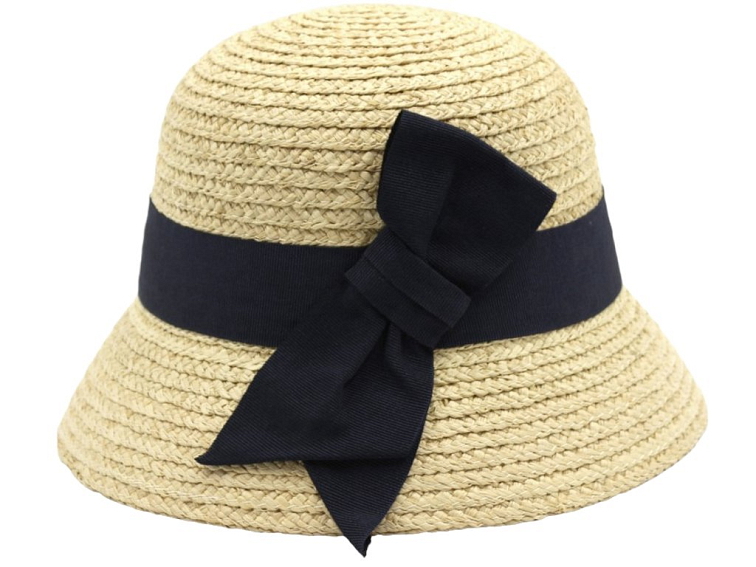 Dámský slaměný klobouk Cloche s modrou mašlí