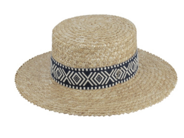 Letní slaměný boater klobouk s modrou zdobenou stuhou - francouzský žirarďák - Fléchet - Since 1859