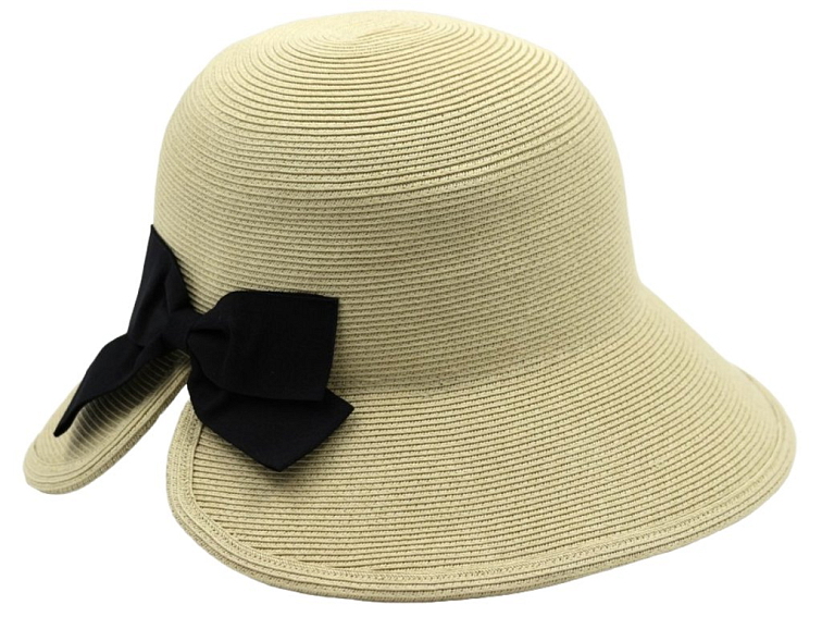 Dámský béžový letní klobouk Cloche s černou mašli