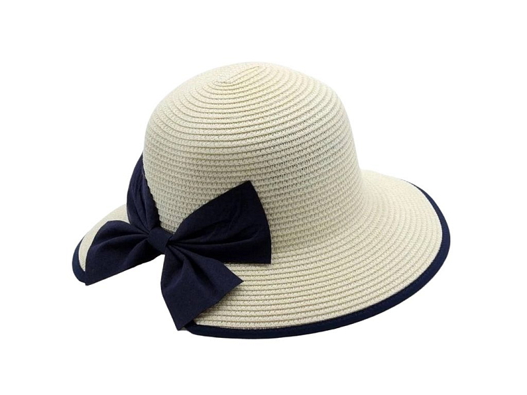 Dámský letní klobouk Cloche - zkrácená krempa vzadu a modrá mašle