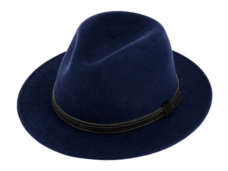 Cestovní voděodolný klobouk vlněný od Fiebig s menší krempou - modrý s koženou stuhou
