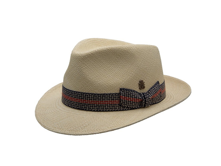 Luxusní panamský klobouk Fedora Bogart s marine stuhou - ručně pletený, UV faktor 80 - Pablito